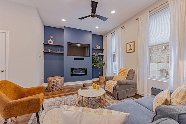 living room with ceiling fan and wood-type flooring