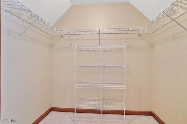 walk in closet featuring carpet and lofted ceiling