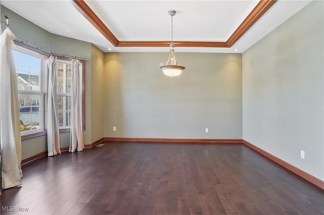 empty room featuring a raised ceiling and dark hardwood / wood-style flooring