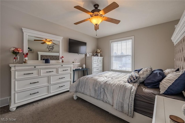 bedroom with dark carpet and ceiling fan