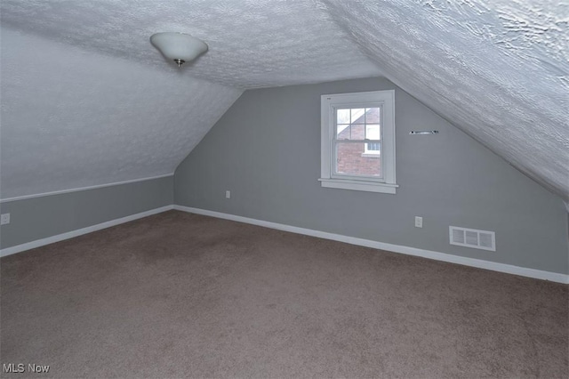 additional living space with carpet flooring, a textured ceiling, and lofted ceiling