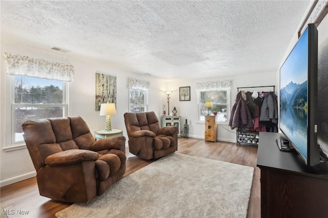 living room featuring a textured ceiling and hardwood / wood-style flooring