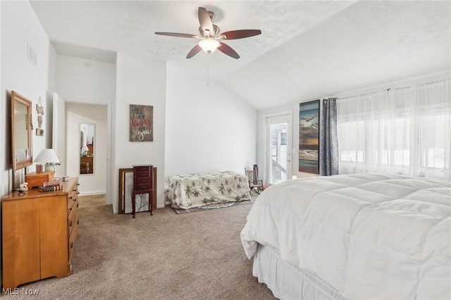 bedroom featuring access to outside, multiple windows, light carpet, and lofted ceiling