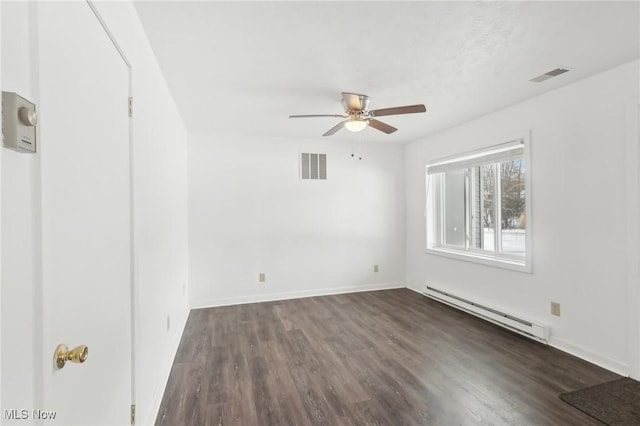 empty room with a baseboard radiator, dark wood-type flooring, and ceiling fan