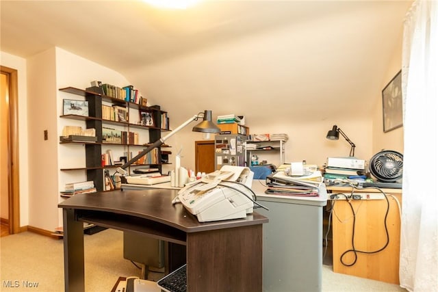 carpeted office with vaulted ceiling