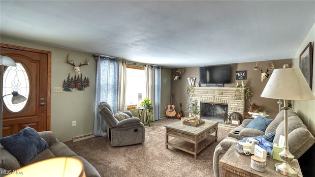 living room with a fireplace, carpet flooring, and baseboard heating