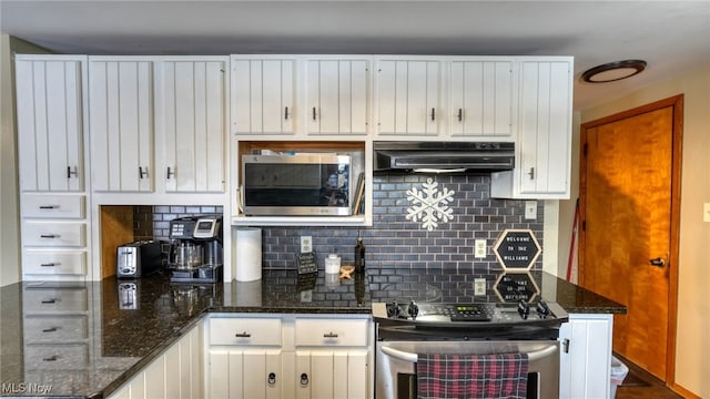 kitchen with dark stone counters, stainless steel appliances, white cabinets, and decorative backsplash