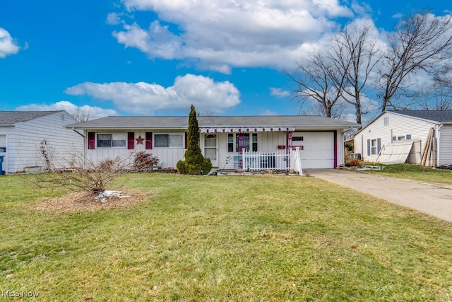 ranch-style home with a front lawn, a porch, and a garage