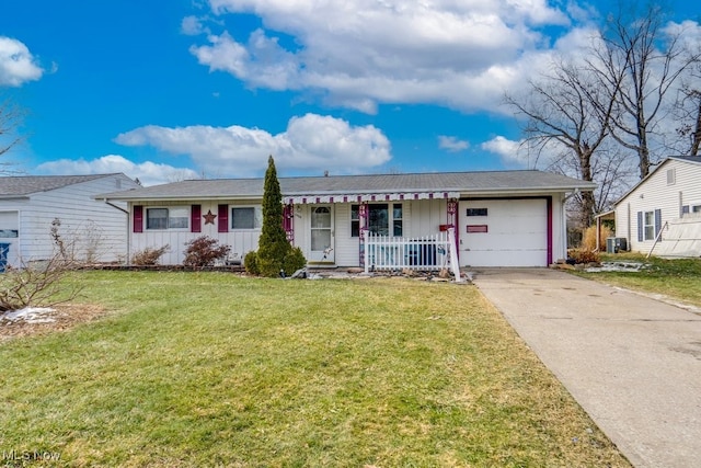 ranch-style home with central AC, a front yard, a garage, and a porch