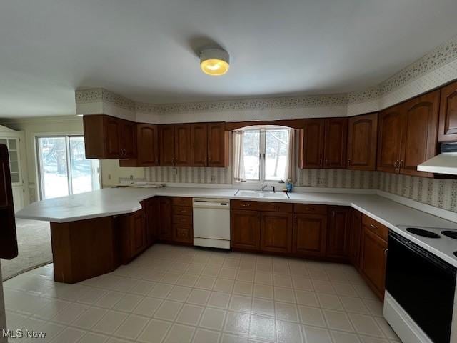 kitchen with sink, kitchen peninsula, and white appliances