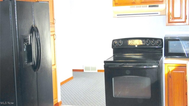 kitchen featuring carpet flooring and black appliances