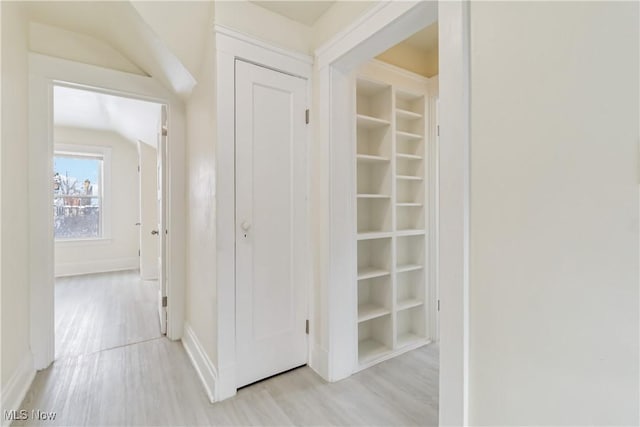 interior space featuring light hardwood / wood-style flooring and built in shelves