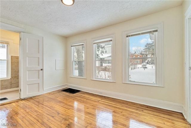 empty room featuring a healthy amount of sunlight, light hardwood / wood-style flooring, and a textured ceiling