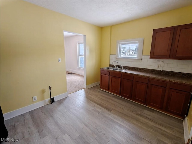 kitchen with light hardwood / wood-style flooring, sink, and tasteful backsplash