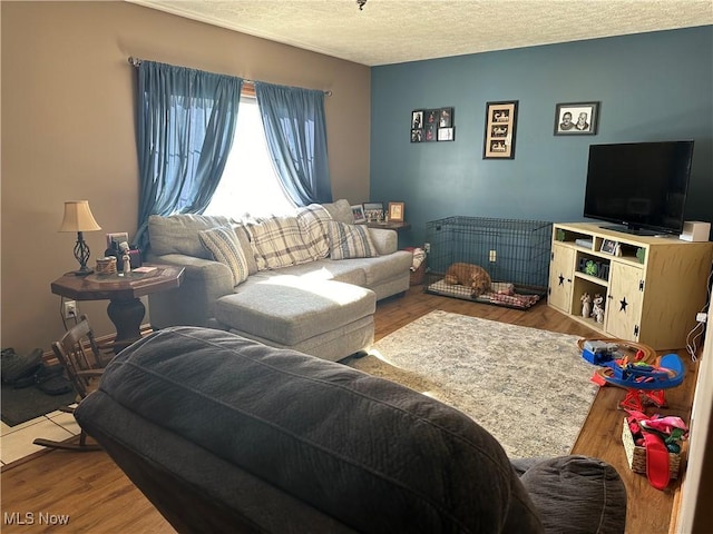 living room with hardwood / wood-style floors and a textured ceiling