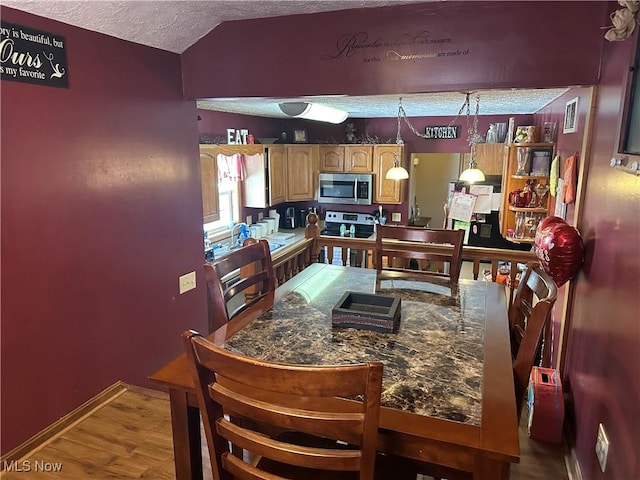 kitchen featuring appliances with stainless steel finishes, pendant lighting, a textured ceiling, and hardwood / wood-style flooring