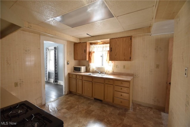 kitchen with black range with gas stovetop, sink, and a drop ceiling