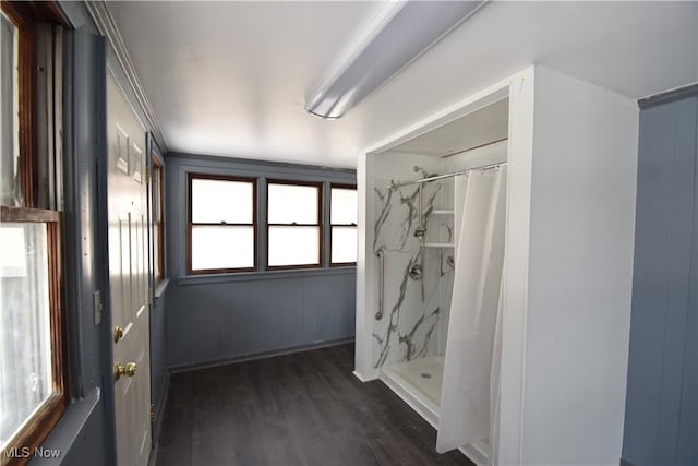 bathroom featuring wood-type flooring and a shower with curtain