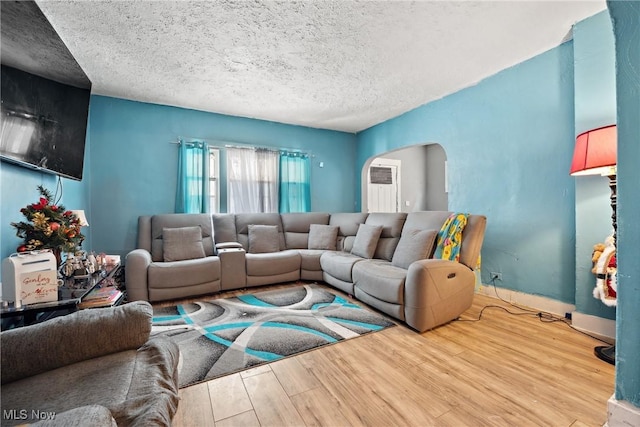 living room featuring light hardwood / wood-style flooring and a textured ceiling