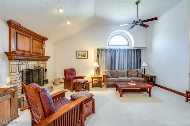 living room with a textured ceiling, lofted ceiling, a brick fireplace, and light colored carpet