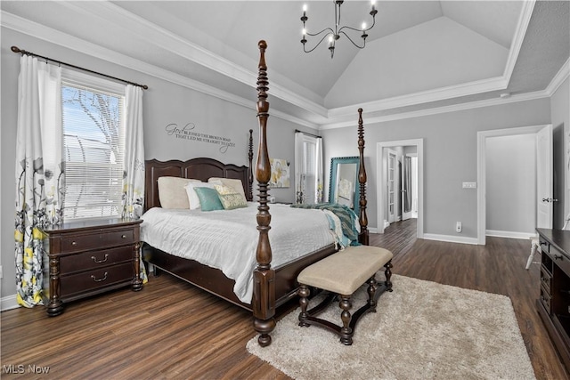 bedroom with lofted ceiling, crown molding, dark hardwood / wood-style floors, and a notable chandelier