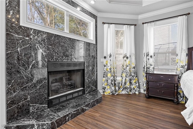 interior space with dark hardwood / wood-style flooring, a premium fireplace, and crown molding