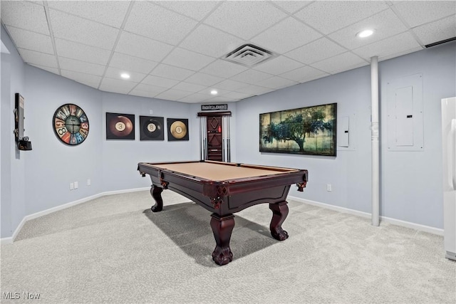 playroom with electric panel, pool table, a paneled ceiling, and carpet floors