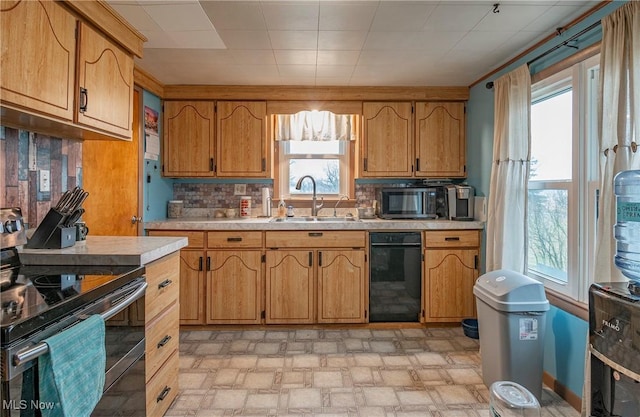 kitchen featuring decorative backsplash, sink, and range with two ovens