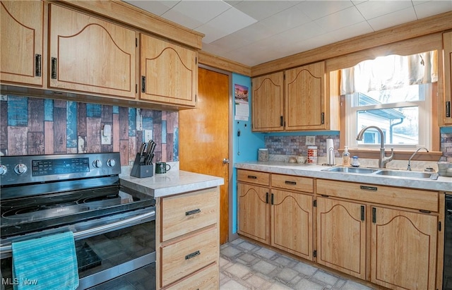 kitchen featuring stainless steel electric range, sink, tasteful backsplash, and black dishwasher