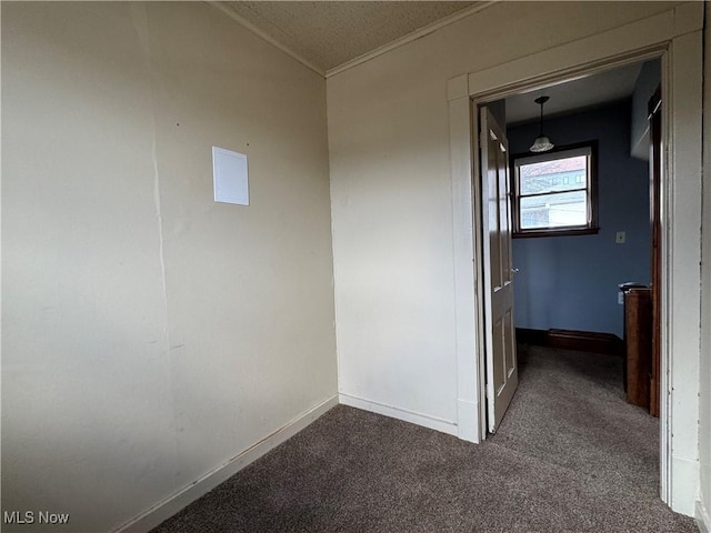 corridor featuring ornamental molding and carpet