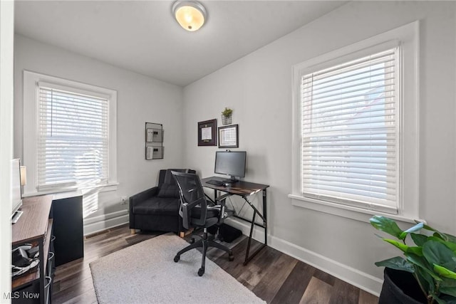 office area with dark hardwood / wood-style flooring