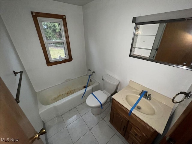 full bathroom with shower / bathing tub combination, vanity, toilet, and tile patterned floors