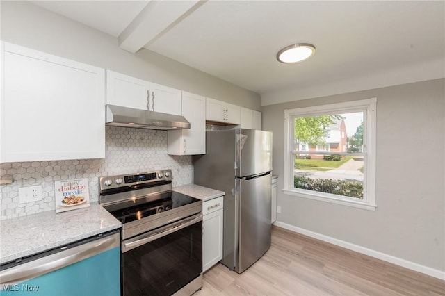 kitchen with under cabinet range hood, appliances with stainless steel finishes, tasteful backsplash, white cabinets, and beamed ceiling