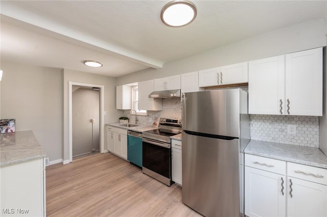 kitchen featuring appliances with stainless steel finishes, under cabinet range hood, white cabinets, a sink, and light wood finished floors