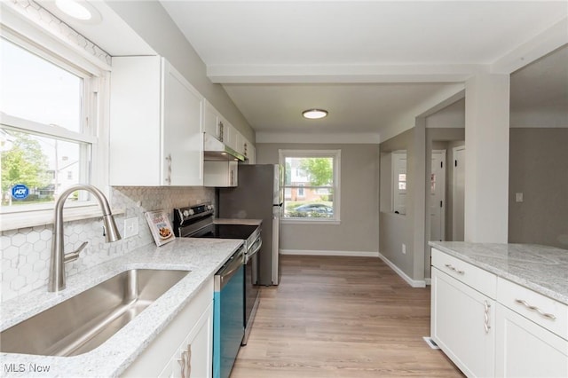 kitchen with a sink, stainless steel appliances, white cabinets, tasteful backsplash, and baseboards