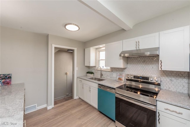 kitchen featuring stainless steel range with electric cooktop, dishwashing machine, under cabinet range hood, a sink, and tasteful backsplash