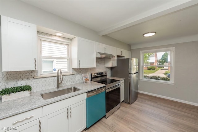 kitchen with appliances with stainless steel finishes, a sink, under cabinet range hood, white cabinets, and beamed ceiling