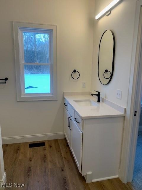 1775 Green Rd, Madison, OH 44057 - bathroom with vanity, wood finished floors, and baseboards