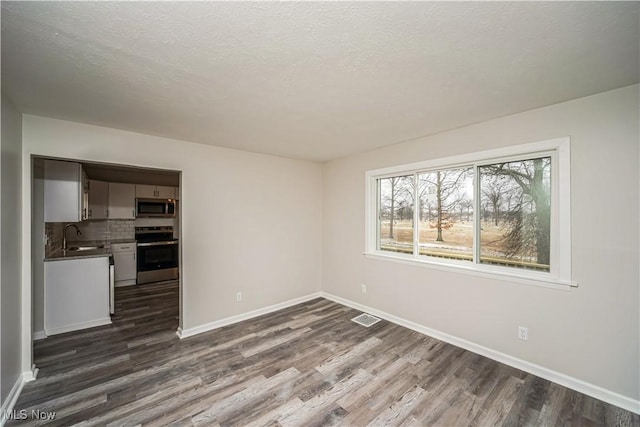 interior space with sink, dark hardwood / wood-style floors, and a textured ceiling