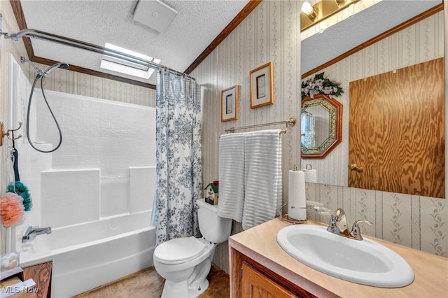 full bathroom with vanity, a skylight, a textured ceiling, shower / bathtub combination with curtain, and toilet