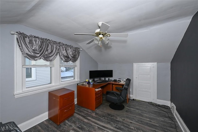 office area with ceiling fan, lofted ceiling, and dark hardwood / wood-style flooring