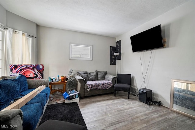 living room featuring a healthy amount of sunlight, hardwood / wood-style flooring, and a textured ceiling