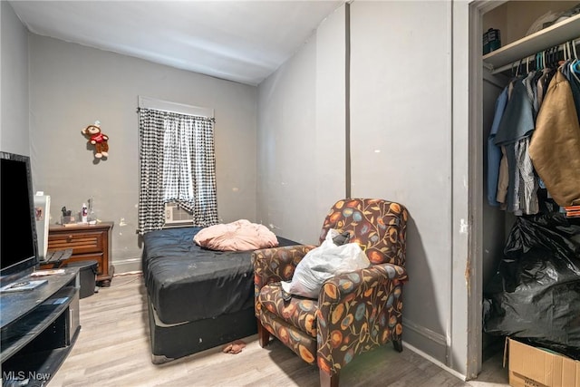 bedroom featuring light wood-type flooring and a closet