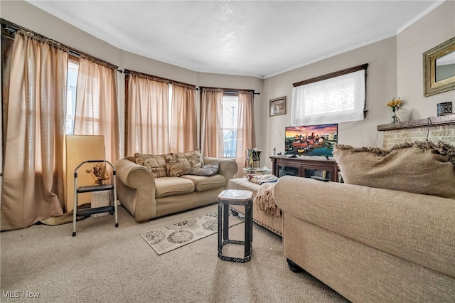 carpeted living area with ornamental molding