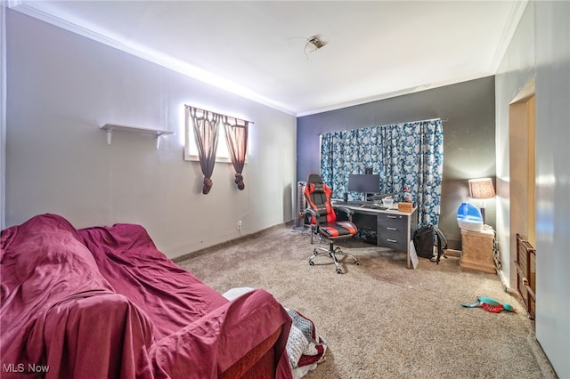 office area featuring carpet floors and crown molding