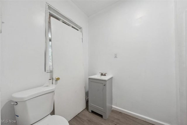 bathroom featuring toilet, vanity, and wood-type flooring