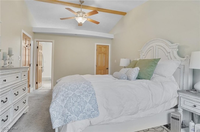 carpeted bedroom featuring ceiling fan, vaulted ceiling with beams, and a baseboard heating unit