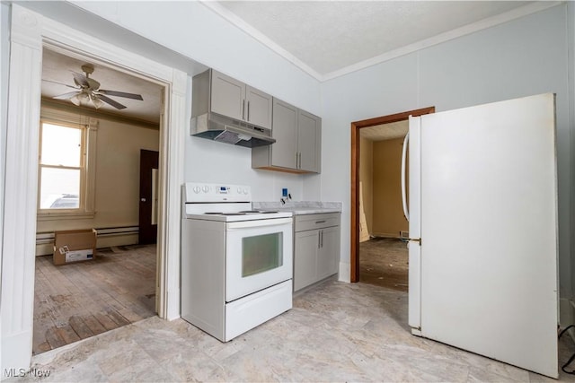 kitchen with white appliances, gray cabinetry, ceiling fan, baseboard heating, and ornamental molding