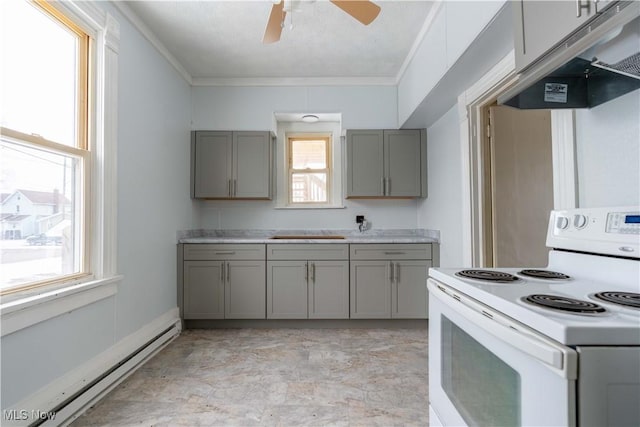 kitchen featuring gray cabinetry, white range with electric stovetop, crown molding, and baseboard heating