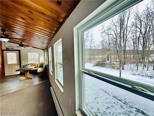 sunroom featuring lofted ceiling, wooden ceiling, and baseboard heating